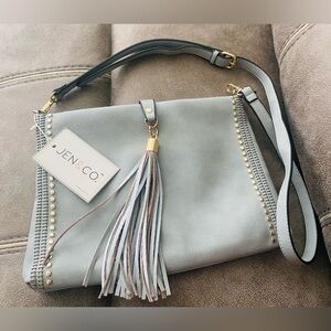 New Blue-Gray Marie - Grommet Detail Fold Over Tassel - Vegan Leather Crossbody